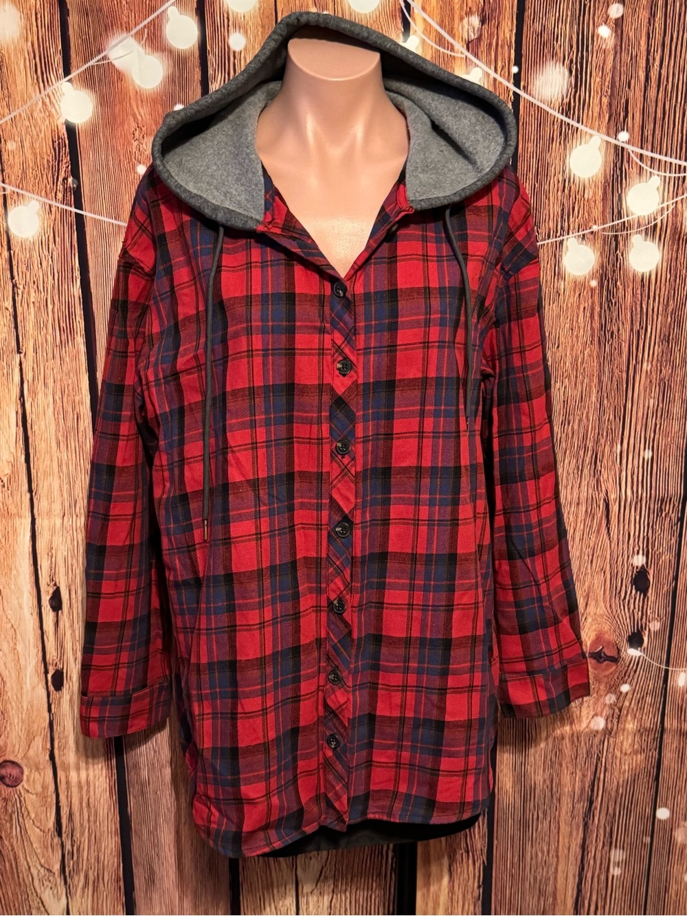Red, Navy and Black Plaid Flannel Hooded Button-Up Long Sleeve Shirt